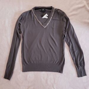 BACCA DA SILVA Gray Modal Blend V-Neck Velvet Trim Sweater